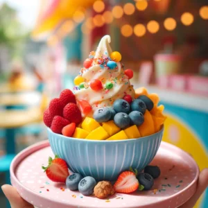 a bowl of fruit with frozen Yoghurt and toppings